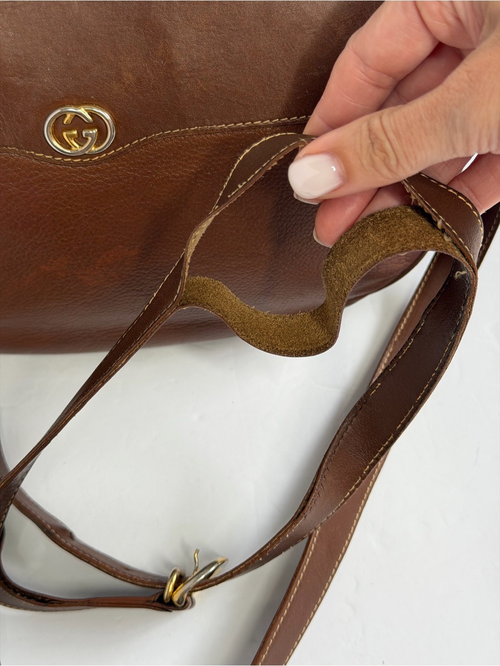 Authentic Gucci Crossbody Bag Brown chestnut Leather Shoulder Bag GG - Fair poor - Picture 9 of 16